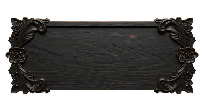 Front-facing realistic antique carved dark wood nameplate with ornamental floral Halloween bat edges aged wood texture isolated on transparent background no text