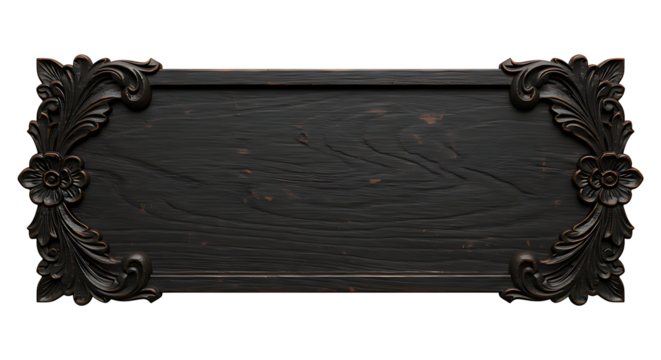 Front-facing realistic antique carved dark wood nameplate with ornamental floral Halloween bat edges aged wood texture isolated on transparent background no text