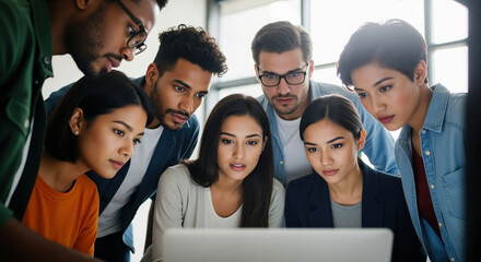 Diverse young team gathered around laptop screen in modern office. Collaborative work for business project and startup development