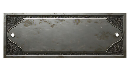Front-facing realistic antique silver metallic nameplate with spiderweb engraved edges tarnished texture isolated on transparent background no text