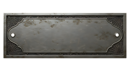 Front-facing realistic antique silver metallic nameplate with spiderweb engraved edges tarnished texture isolated on transparent background no text