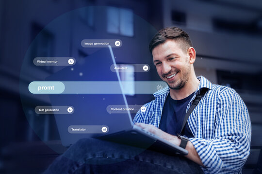 Man engaging with technology in urban setting while exploring digital content creation and assistance tools