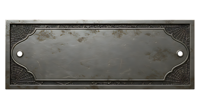Front-facing realistic antique silver metallic nameplate with spiderweb engraved edges tarnished texture isolated on transparent background no text