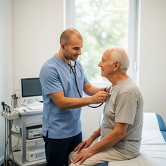 Obraz premium Male Nurse Compassionately Checking Patient Vitals in Clinic