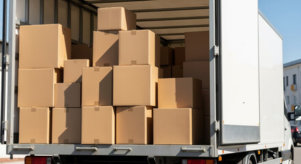 Cardboard boxes stacked inside delivery truck cargo area. Shipping logistics for package transport and freight distribution services