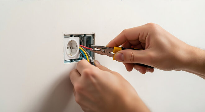 Hands installing electrical outlet with wire strippers on white wall. Home electrical work for power socket installation and wiring repair services