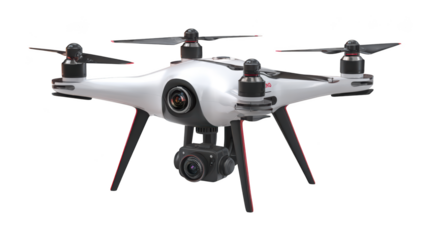 White drone with camera, propellers, and landing gear against a black background