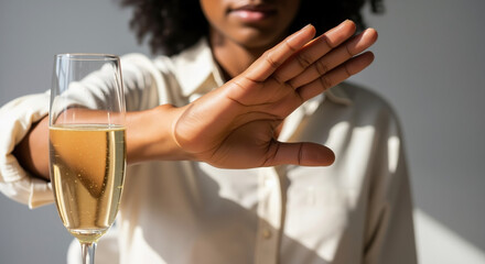 African American woman refusing champagne glass with stop hand gesture. Alcohol refusal for sobriety choice and healthy lifestyle decision