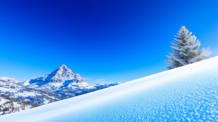 Obraz premium A vast, snow-covered mountain slope stretches under a vibrant blue sky, showcasing a majestic snowy peak and a single frosted pine tree.