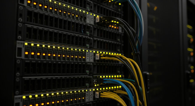 Network server rack with glowing LED indicator lights and ethernet cables in data center. IT infrastructure and technology equipment for cloud computing and internet services