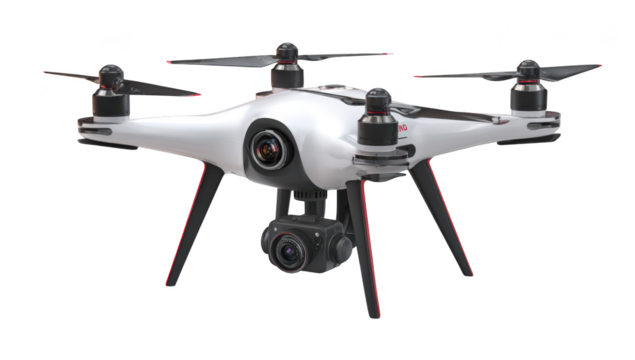 White drone with camera, propellers, and landing gear against a black background