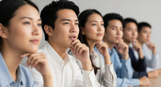 Asian business team with thoughtful expressions in meeting room. Corporate teamwork for professional consultation and workplace collaboration