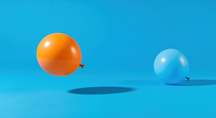 Two colorful balloons orange and blue floating on bright blue background with soft shadows. Party celebration concept for birthday events and festive occasions