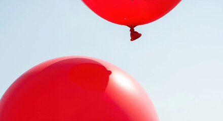Two red balloons floating against light blue sky background with soft natural lighting. Party decoration concept for birthday celebrations and festive holiday events