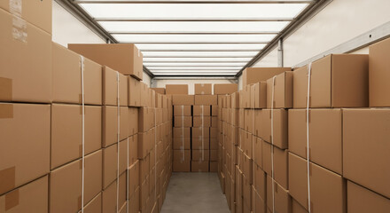 Cardboard boxes stacked in rows inside delivery truck cargo area. Logistics transportation and shipping service for e-commerce business and online retail orders