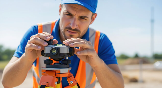 Surveyor using optical leveling instrument on construction site for precise land measurement. Professional engineering service and building project development planning