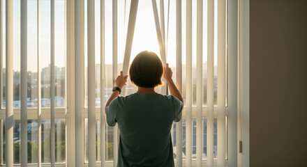 Person opening vertical window blinds letting bright sunlight into room. Morning routine and natural lighting for home interior and wellness lifestyle promotions