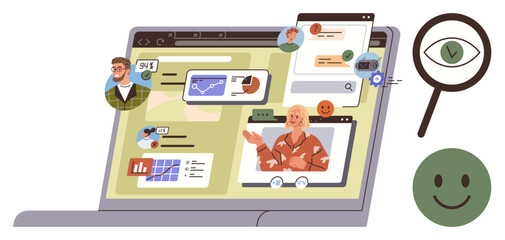 Laptop screen displaying analytics, virtual meetings, and collaborative tools. Magnifying glass emphasizes analytics, while smiling faces suggest engagement. Ideal for teamwork, remote work