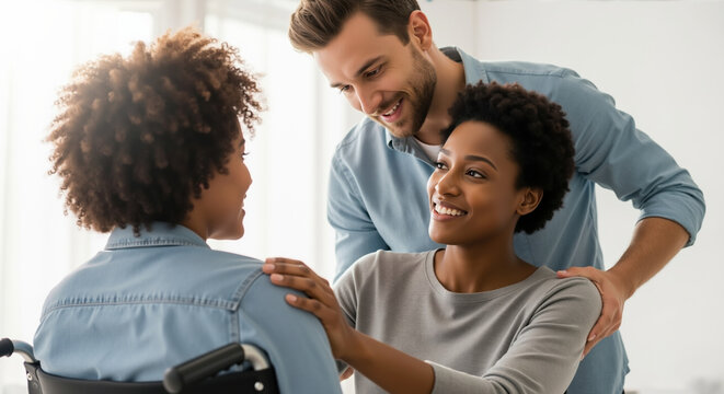 African American woman and man smiling together with person in wheelchair. Inclusive workplace diversity and disability support for corporate social responsibility campaigns