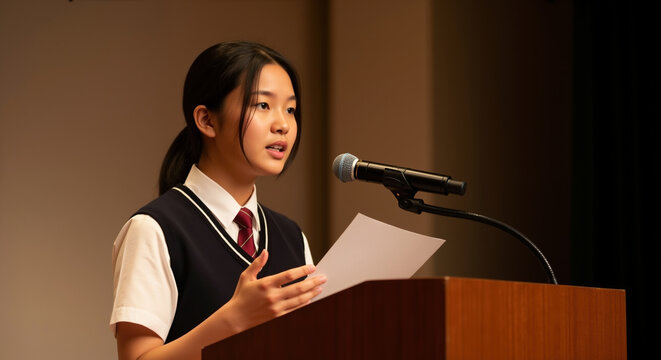 Young woman in school uniform speaking at podium with microphone. Student presentation and public speaking training for educational development and communication skills
