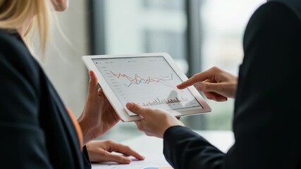 Two professionals collaborating over a digital tablet displaying financial data and charts, discussing business strategy and market performance - Powered by Adobe