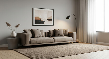 Fototapeta premium A minimalist and elegant living room interior with a sophisticated, modern design. The space features a stylish sofa in a soft, neutral brown tone, complemented by an arc-shaped floor lamp