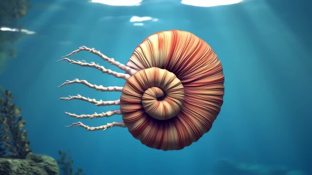 Spiral-shelled fossil marine creature in underwater scene