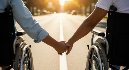 Obraz premium Two people in wheelchairs holding hands on sunny street. Disability support and relationship connection for accessibility and healthcare services