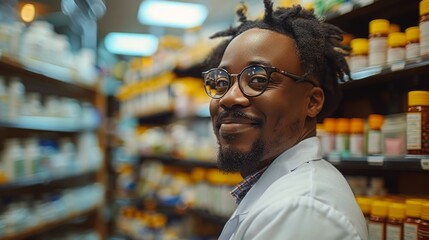 A smiling pharmacist wearing glasses and a white coat against a backdrop of pharmacy shelves — relevant for medical articles, pharmacy advertising, and healthcare.