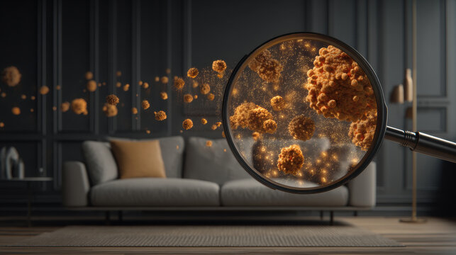 living room in a clean house. Use a magnifying glass to see the particles of mold, odor, fungal spores suspended and viruses in the air.	
