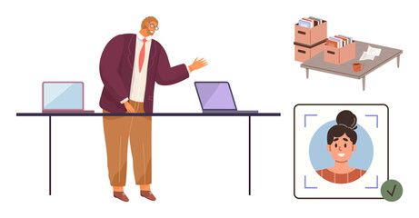 Office worker gesturing at laptops on workspace, file boxes, and profile selection with approval. Ideal for recruitment, office tasks, presentation, workplace systems, HR, teamwork simple flat