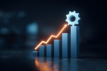 3D bar chart rises with glowing arrow and gear icon, symbolizing business growth, performance optimization, analytics, and strategic success metrics.
