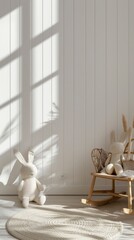 A bright children's room with soft toys and wooden furniture by the window, sunbeams on the floor &mdash; suitable for articles about interior design, children's rooms, and cozy spaces.