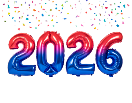 A - Red and Blue Foil Balloons Spelling “2026” Floating, Front View, Isolated on Transparent Background.
