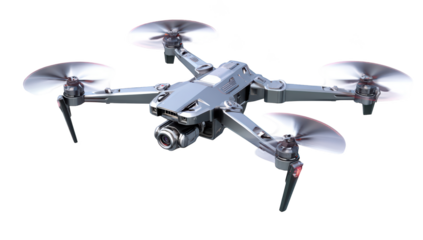 Silver drone with four propellers.  A hovering drone with a camera and a metallic gray frame.  Visible propellers, arms, and camera housing