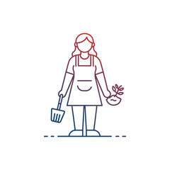 Woman gardener tending plants with a shovel working in her garden promoting themes of sustainability and eco-friendly living ideal for gardening blogs.