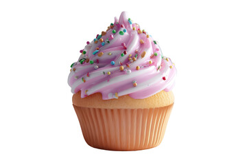 Delicious cupcake with swirled pink icing and colorful sprinkles