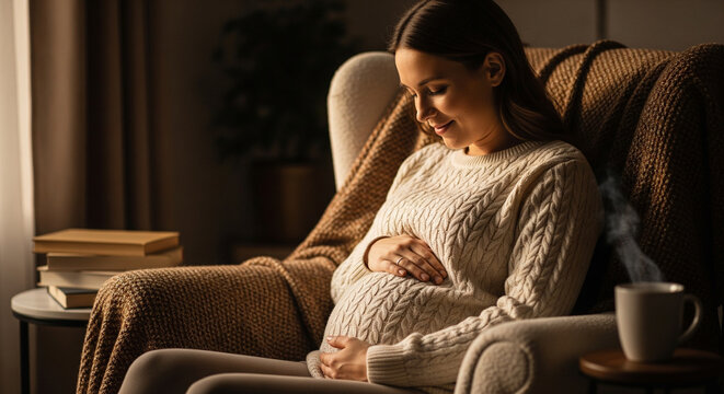 A cozy and intimate portrait of a pregnant woman relaxing in a comfortable armchair at home. Dressed in a warm sweater, she gently holds her baby bump and looks down with a serene