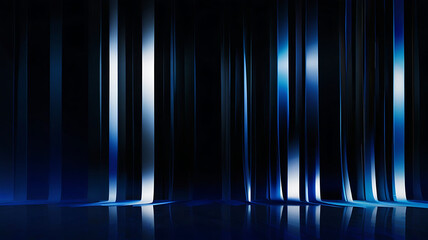 Black dark abstract background. narrow glass rays Vertical glass prism bars with neon blue glow. 3D render. Metallic reflective surface with luminous gradient light reflection.  Iridescent glass 