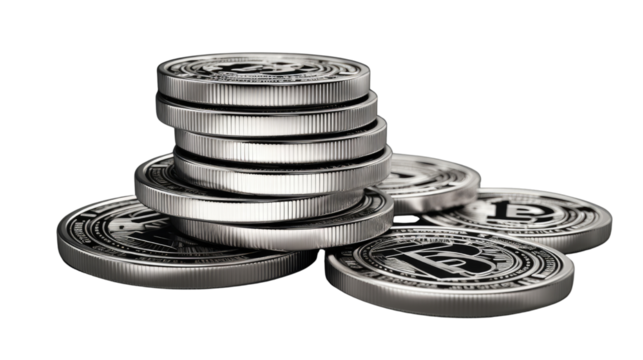 Stack of Shiny Silver Cryptocurrency Coins Digital Money Investment Blockchain Finance Wealth Concept Isolated on White Background