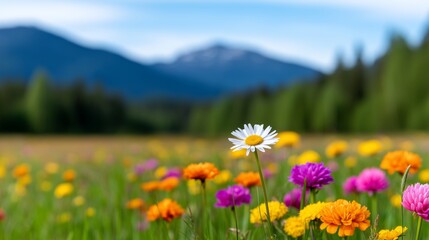 Fototapeta premium A vibrant meadow bursting with wildflowers of various colors against a backdrop of majestic mountains, showcasing a picturesque spring scene.