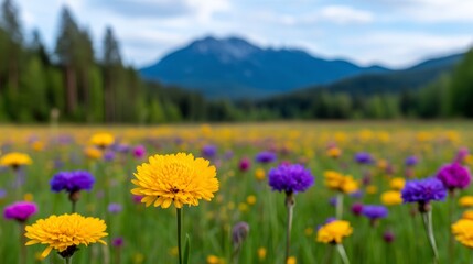 Obraz premium A vibrant meadow bursting with yellow, purple, and pink wildflowers, stretching towards a backdrop of distant mountains.