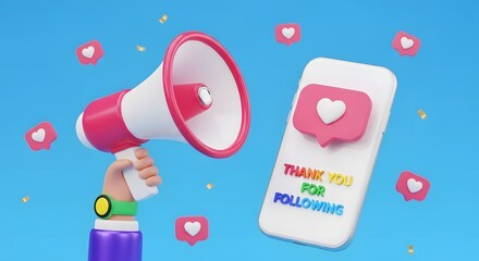 Megaphone and smartphone announcing gratitude with social media likes and hearts