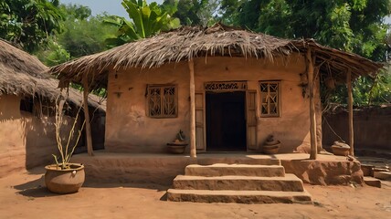 Traditional mud house with thatched roof in rural india, showcasing the simplicity of rural life and architecture
