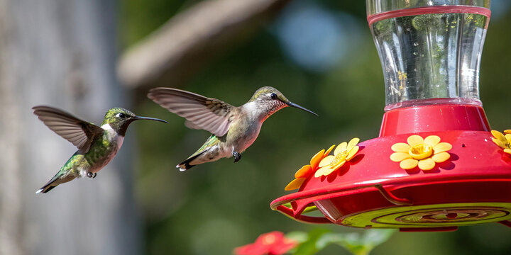 Two hummingbirds in mid-flight near a red hummingbird feeder, captured with sharp detail and natural lighting. The feeder prominently positioned on the right side of the frame, made of clear glass.