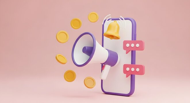 Digital marketing megaphone and notifications on a smartphone screen