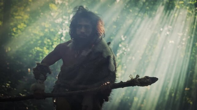 Portrait of Primeval Caveman Wearing Animal Skin and Fur Hunting with a Stone Tipped Spear in the Prehistoric Forest. Primitive Neanderthal Hunter Ready to Throw Spear in the Jungle
