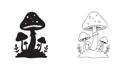 Mushroom group outline sketch with transparent background