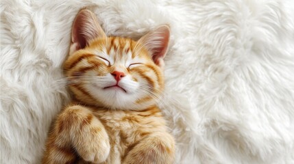 Orange kitten sleeping peacefully with paws curled up on fluffy white surface