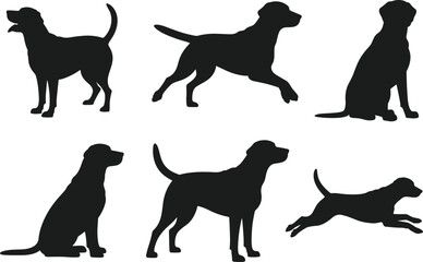 Black dog silhouette vector illustration, Labrador retriever poses set, pet dog clipart collection, isolated on white, perfect for design projects